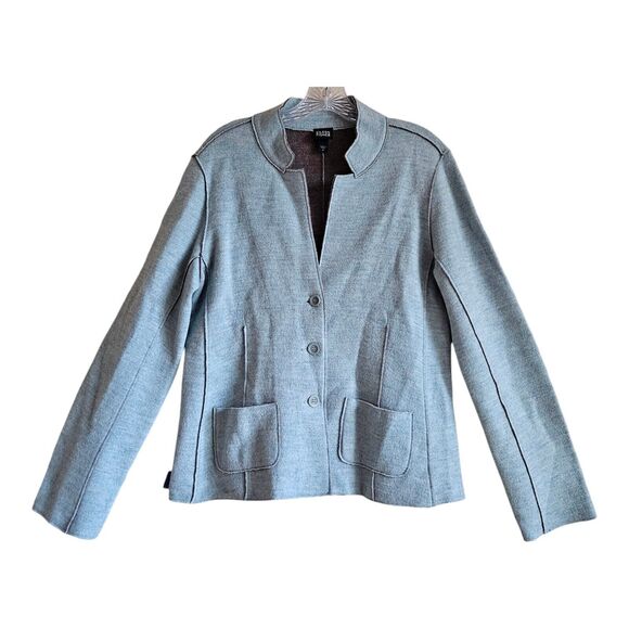EILEEN FISHER Women's M Knit Jacket Aqua Blue Buttons Raw Edge Merino Wool 38" - Picture 1 of 11